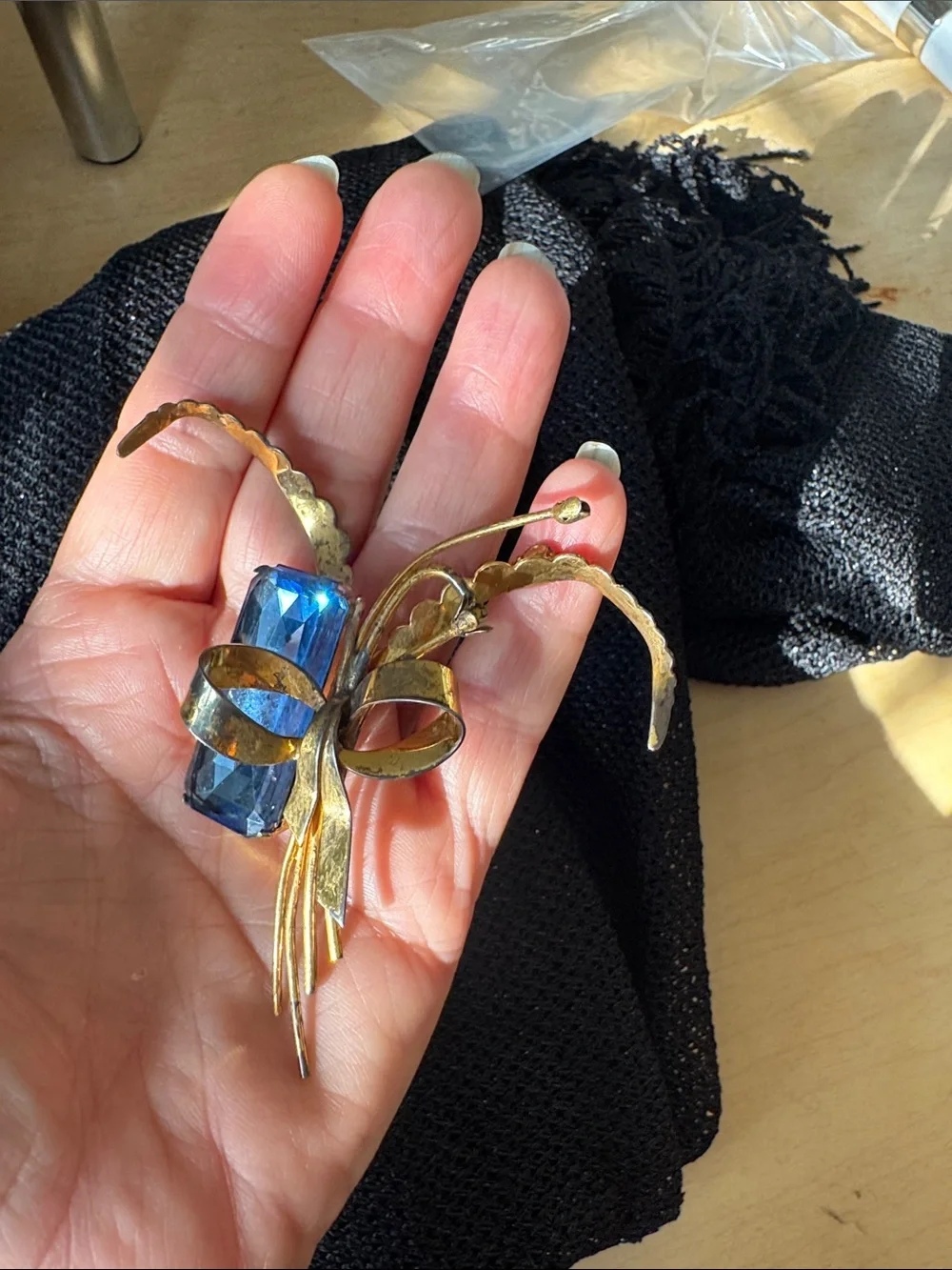 Gold-Tone Floral Brooch with Blue Rectangular Stone